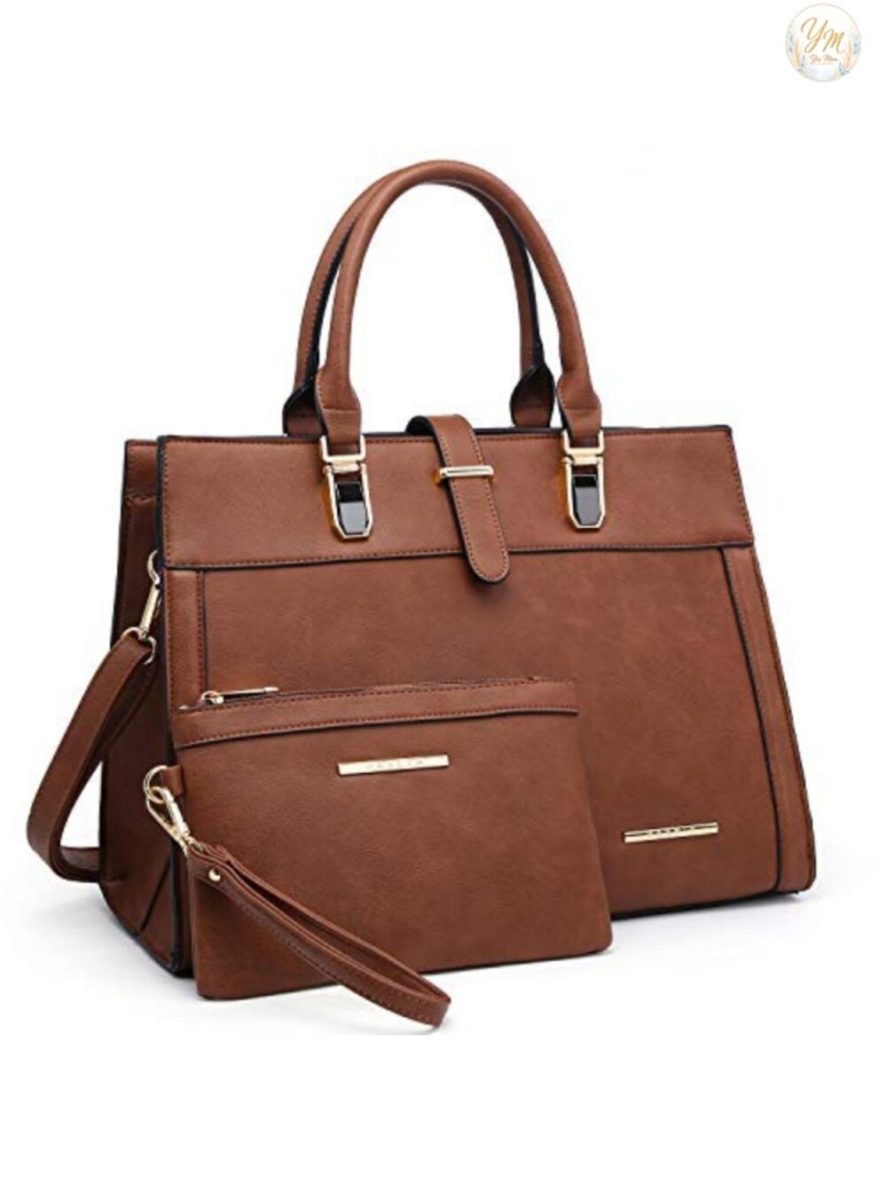 Vegan Leather Belted Satchel Tote Bag with Wristlet
